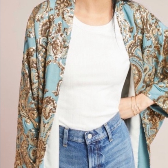 💛All that glitters …is gold … Anthro gold sequin kimono. Sz.MLNWT 🎄HolidayReady! - Picture 15 of 16